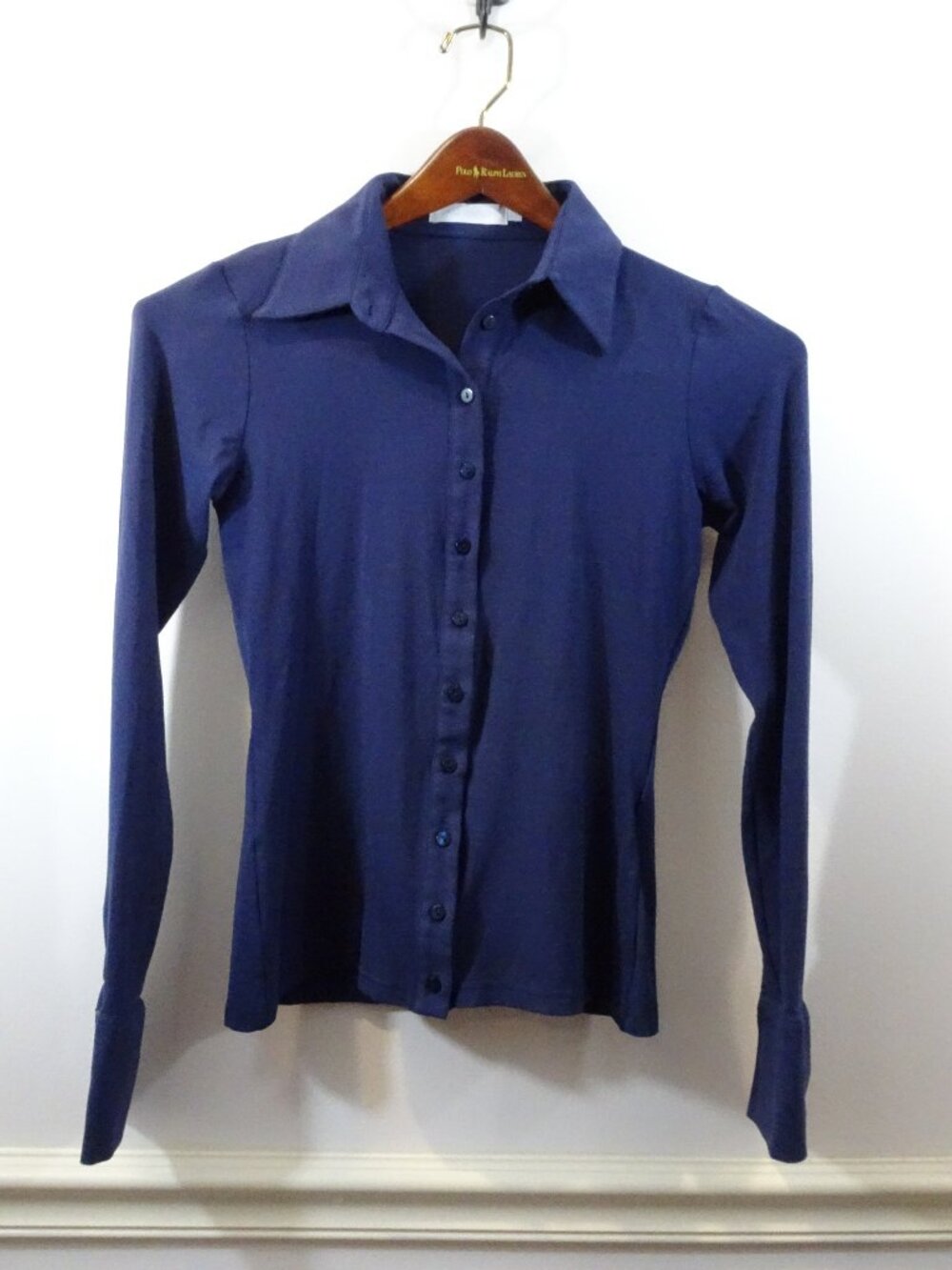 Anne Fontaine Navy Blue Stretch Cotton Button Down Blouse Size 38 French Cuff